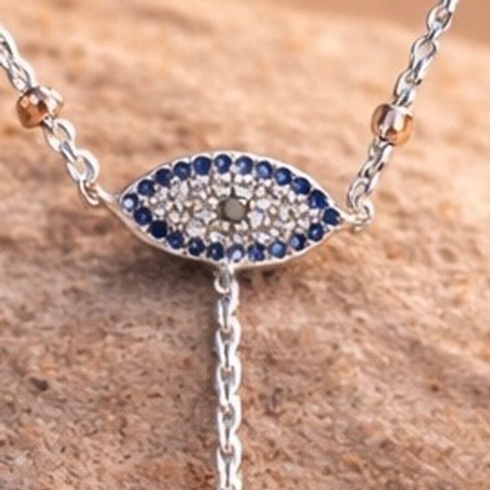 Evil Eye Necklace Y-Drop Lariat Silver-Tone Blue CZ Adjustable Chain Protection - Picture 8 of 8